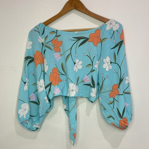 Hurley - Floral, Tie-Front, Crop, 3/4 sleeve,  Blue, Top - Size L - Picture 2 of 9